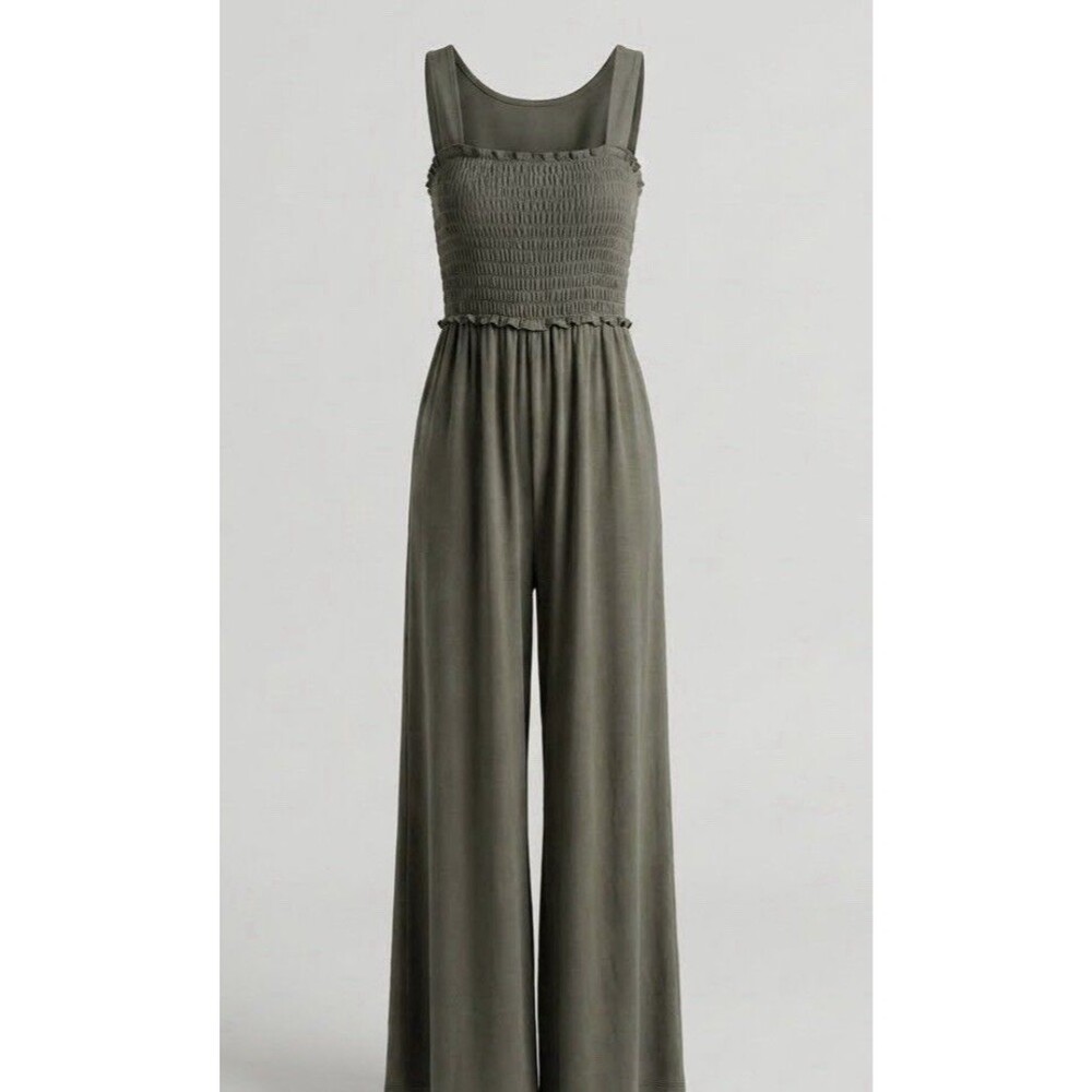 Smocked Wide-Leg Jumpsuit — Olive Green